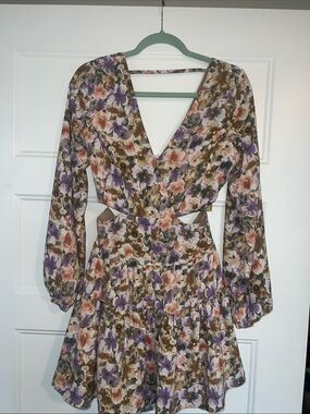 Floral V-Neck Long Sleeve Cutout Mini Dress - Purple & Brown Floral